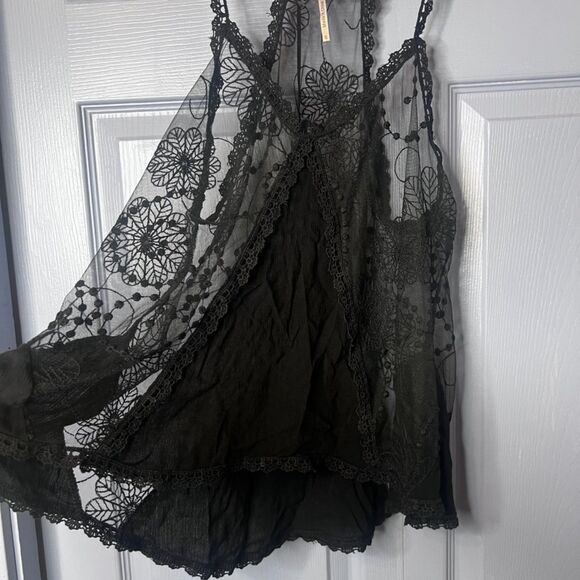 Poof NWOT Black Lace Sheer Aline Halter Boho Festival Gypsy Tank Top Size Small - Picture 3 of 9